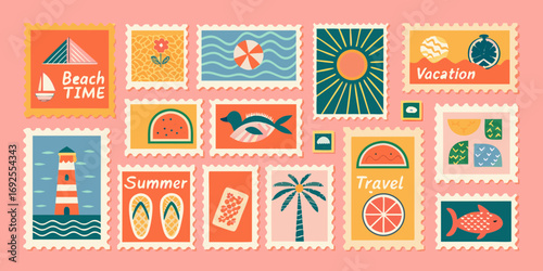 Collection of colorful postage stamps featuring summer vacation beach and travel themes
