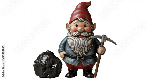 A charming garden gnome with a weathered red hat and blue jacket stands beside a large lump of coal, holding a pickaxe and smiling proudly at his work.