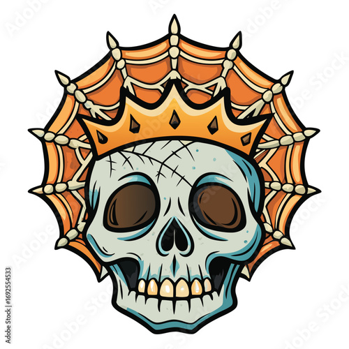 Skull Wearing a Crown with Spiderweb Halo on White Background cartoon