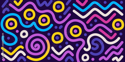 Vibrant abstract pattern with swirling lines circles and wavy shapes on dark purple background
