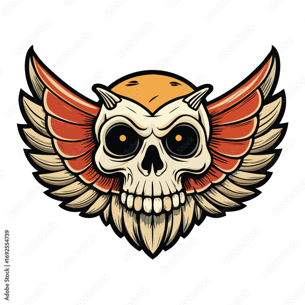 Fototapeta premium Skull with horns and large wings, a stylized illustration on a white background Halloween spooky