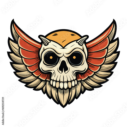 Skull with horns and large wings, a stylized illustration on a white background Halloween spooky