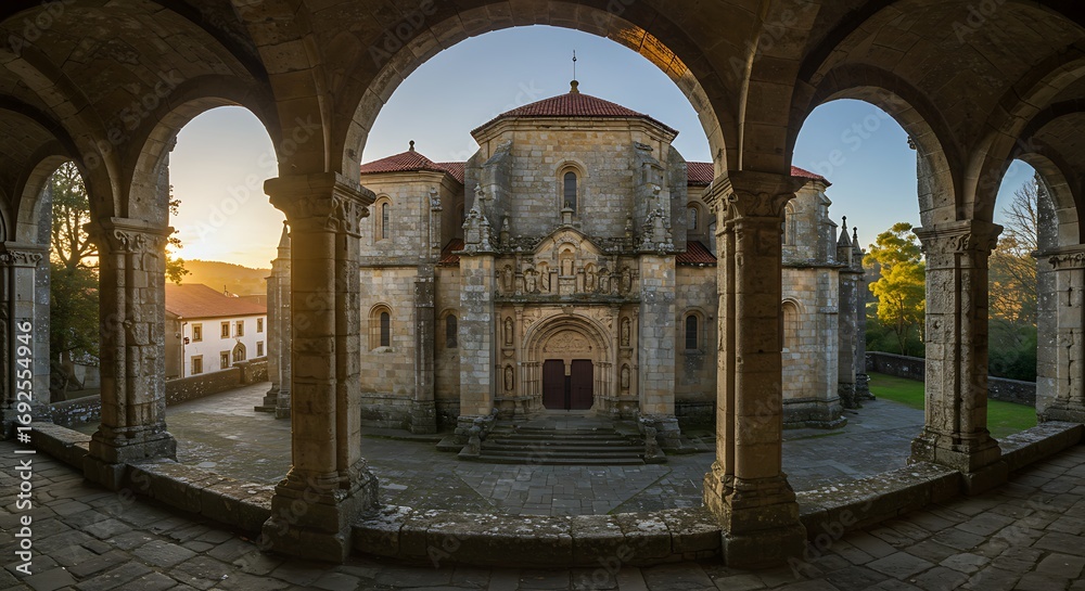 Fototapeta premium Ancient stone church under arched passageway