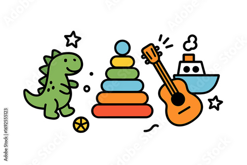 Colorful children's toys set with dinosaur, stacking pyramid, guitar, and boat isolated on a white background