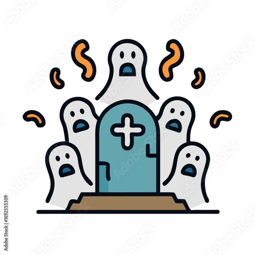 Vector art of a group of ghosts gather around a tombstone