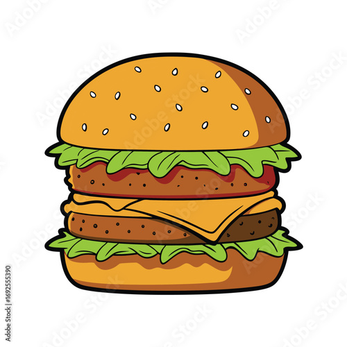 Detailed illustration of a delicious double cheeseburger with fresh lettuce and ripe tomato with melted cheese
