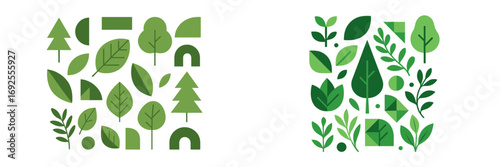 Geometric nature elements with green leaves, trees, and abstract shapes for ecology and environment concepts