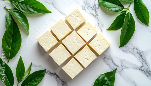 Wallpaper Mural Tofu cubes arranged in grid pattern on white marble background with green leaves, modern flat lay style, fresh and healthy food concept, minimalistic and clean composition Torontodigital.ca