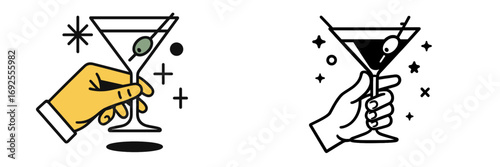 Minimalist icon set of a hand holding a classic martini cocktail with an olive garnish in color and black and white line art styles