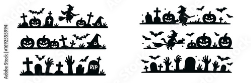 Decorative Halloween spooky graveyard border collection with jack-o-lanterns, flying witches, bats, tombstones, and zombie hands