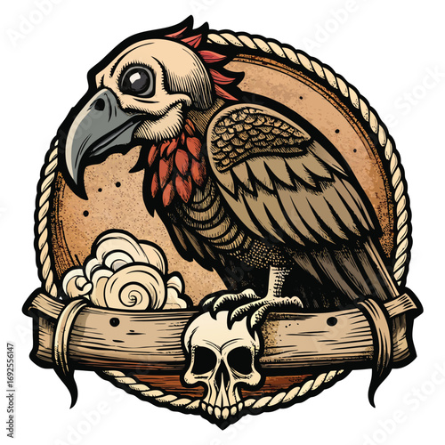 Vulture perched on a wooden beam with a skull and swirling clouds, framed by a rope circle on a white background