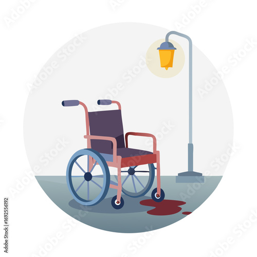 Vector art of wheelchair with blood stain under a street lamp