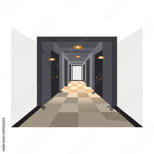 Vector art of a long hotel hallway with doors and a checkered floor