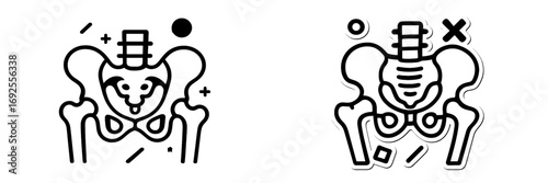 Human pelvis and hip joint line art icon set for medical and anatomical concepts, black and white skeletal system symbol for orthopedics and healthcare design