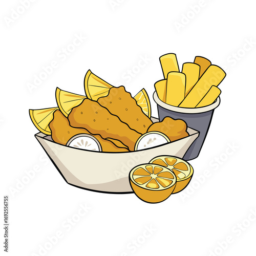 Delicious classic fish and chips meal with tangy tartar sauce and fresh lemon wedges