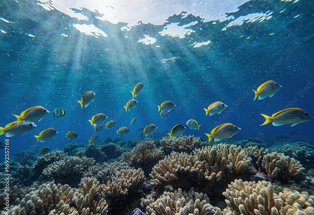 Naklejka premium Fish swimming above coral reef with sunlight rays