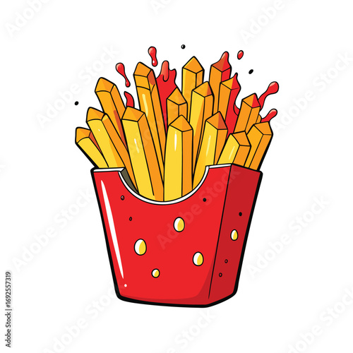 Delicious golden french fries served in a classic red paper container with a side of bright red ketchup