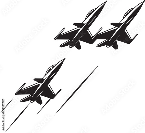 Three Modern Military Fighter Jets Soaring Upward Black and White