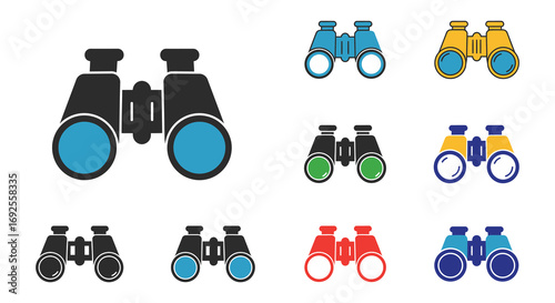 various binoculars designs in multiple colors arranged neatly