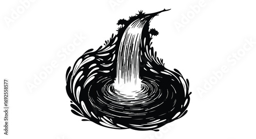 Whimsical ink drawing of a cascading waterfall flowing into a swirling pool surrounded by stylized foliage