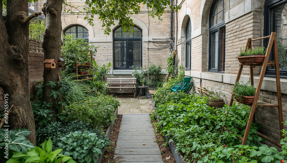 Fototapeta premium Lush Greenery in a Peaceful Apartment Courtyard
