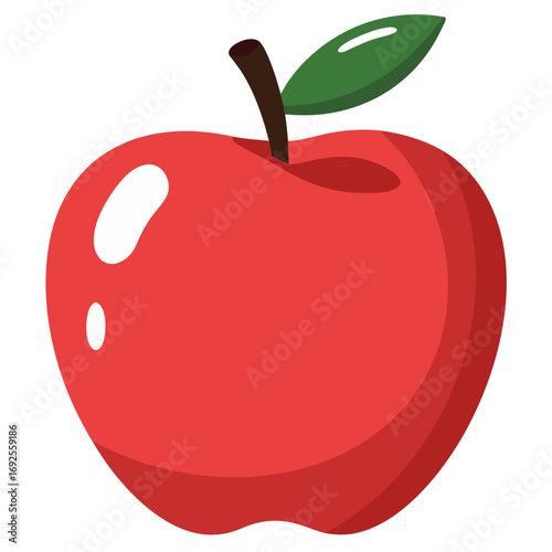 Flat design illustration of a red apple with a leaf. Perfect for healthy food designs, fruit icons, organic labels, children's graphics, or educational visuals.