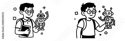 Young student with glasses holding a robot toy in black and white line art for STEM education and robotics concepts