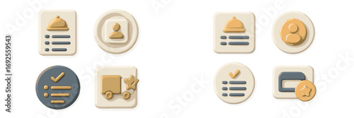 3D icon set for user interface design with symbols for menu, user profile, checklist, delivery, and favorites for web and mobile applications