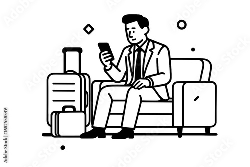 Businessman traveler sitting in an airport lounge waiting for a flight and using a smartphone with his luggage nearby