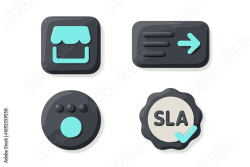Set of 3D business icons including shop, logout, menu, and SLA service level agreement badge for modern user interface design