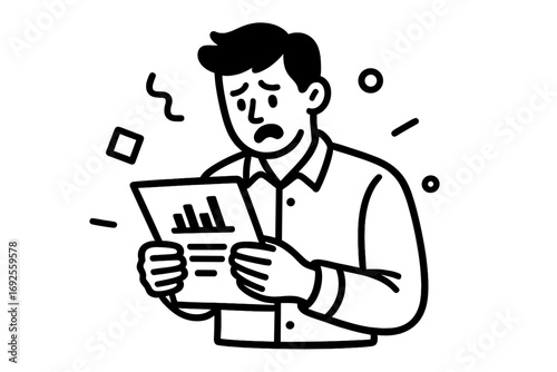 Stressed businessman looking at a financial report with a declining chart, showing business failure or economic crisis