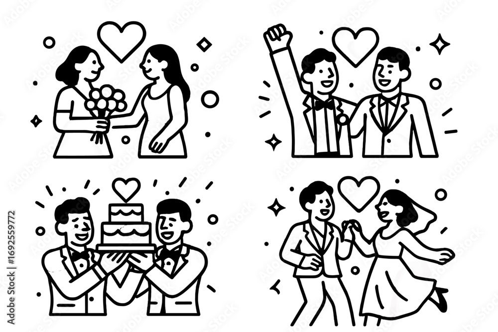 Fototapeta premium Icon set of diverse wedding couples celebrating marriage with gay, lesbian, and heterosexual people dancing, holding a cake, and exchanging flowers