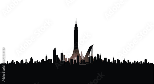 Modern cityscape silhouette against a bright sky, showcasing futuristic architecture and urban development.