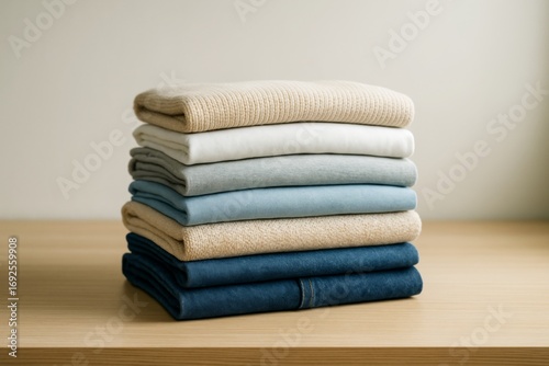 Stack of neatly folded clothes in neutral and blue tones placed on wooden surface with light background, symbolizing order and minimal lifestyle. Ai generative