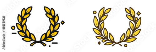 Gold laurel wreath icon set for victory and achievement awards. Golden branch symbols of honor, quality, and success isolated on white background