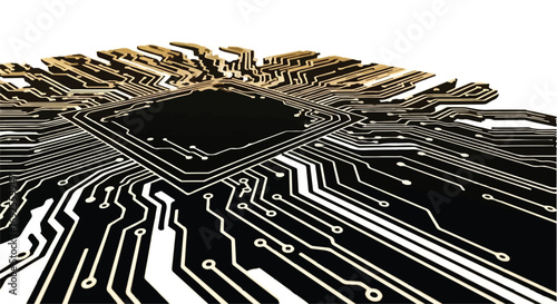 Intricate microchip circuitry with golden accents on a stark white background, symbolizing advanced technology and innovation.