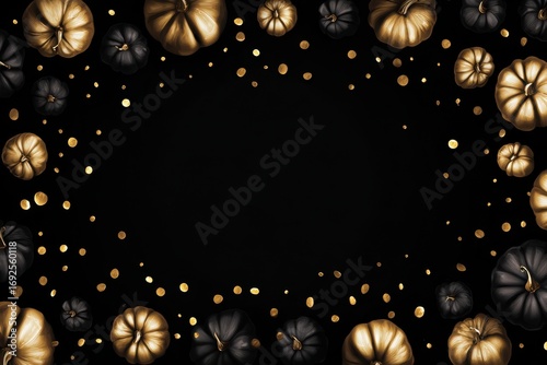 Elegant Halloween Black and Gold Pumpkins with Golden Confetti Border.
