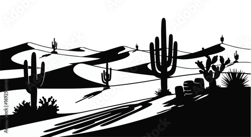 Serene desert landscape with iconic saguaro cacti and rolling sand dunes under a bright sky.