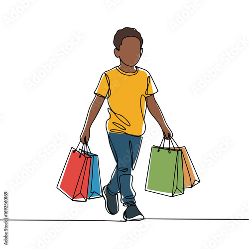 Simple black line art drawing of a Shopping Boy in a minimalist style on a white background.