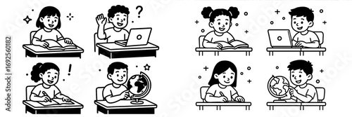 Set of black and white line art icons showing diverse children studying at their desks with books, laptops, and globes for education concepts
