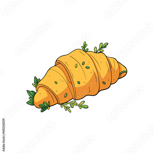 Delicious ham and cheese croissant with fresh herbs presented on a clean white background for culinary designs