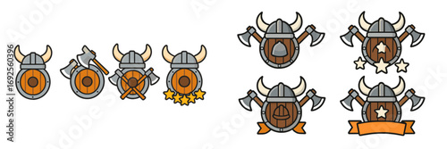 Viking warrior badge icon set with horned helmet, shield, and crossed axes for game achievement or clan logo
