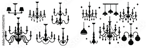 Set of black chandelier silhouettes and ceiling lamps for interior design, isolated on a white background