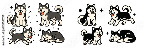 Adorable Siberian husky dog cartoon character collection with various poses like sitting, standing, running, and sleeping isolated on a white background