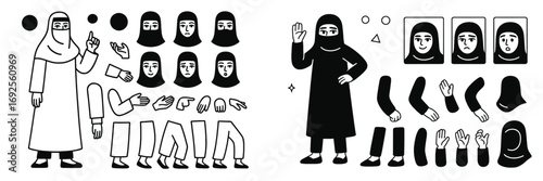 Character creation kit for a Muslim woman with hijab and niqab for animation featuring various emotions and poses