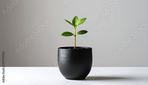 A small green plant with leaves growing in a black pot on a white surface.