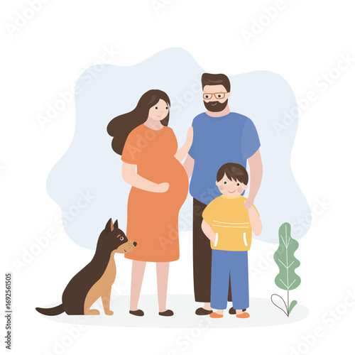 Happy family portrait. Man, pregnant woman and child stand side by side and hug each other. Parents, cute kid and pet dog. Friendship, happiness and family values.