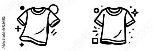 Black and white line art icons of clean and dirty t-shirts for laundry service or washing concept isolated on white