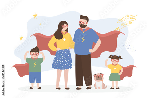 Happy family super heroes showing biceps muscle strength, clenched fists. Confident people wearing mask, cape costumes playing superheroes. Cute and strong cartoon characters
