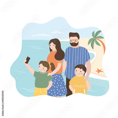 Happy family on tropical beach doing selfie. Poster, card for family day. Concept of friendly family on vacation. Parents taking selfie walks with children in seashore.